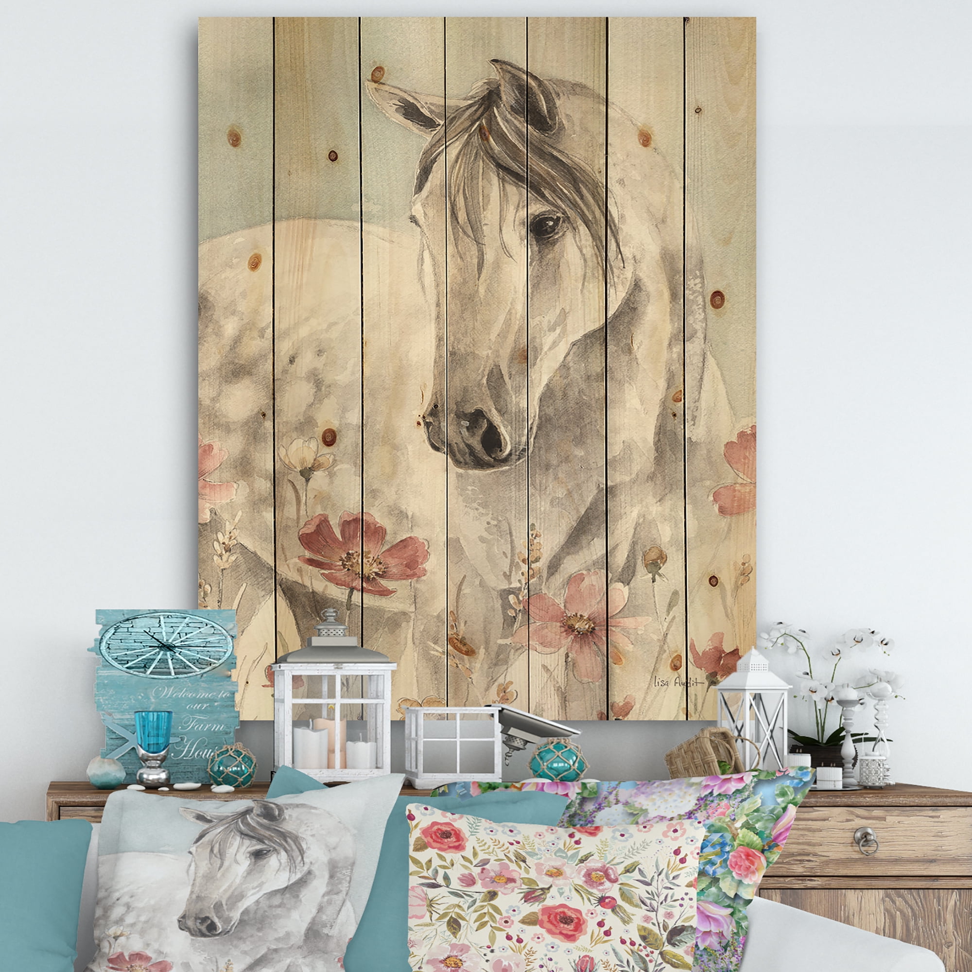 Designart 'watercolors Pink Wild Horses II' Farmhouse Print on Natural Pine Wood
