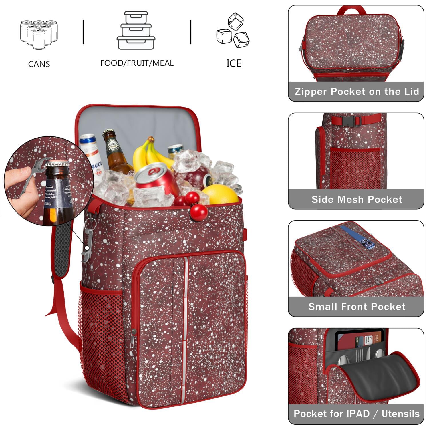 Travel Cooler Bag - Red Christmas Snow Pattern Camping Beer Cooler Backpack with Bottle Opener- Waterproof Insulated Picnic Backpacks - Cooler Bag for Beach