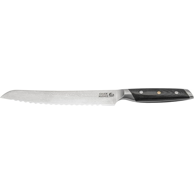 Chuck Hughes 9" Damascus Serrated Bread Knife – Premium Razor-Sharp Loaf Slicer, Chef-Quality Kitchen Knife with Ergonomic Handle