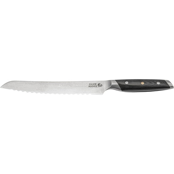 Chuck Hughes 9" Damascus Serrated Bread Knife – Premium Razor-Sharp Loaf Slicer, Chef-Quality Kitchen Knife with Ergonomic Handle