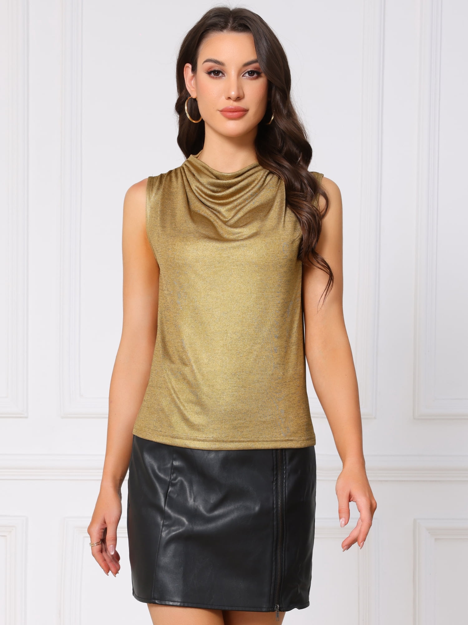 DARING DIVA Women's Elegant Shiny Party Sleeveless Cowl Neck Blouse S Golden