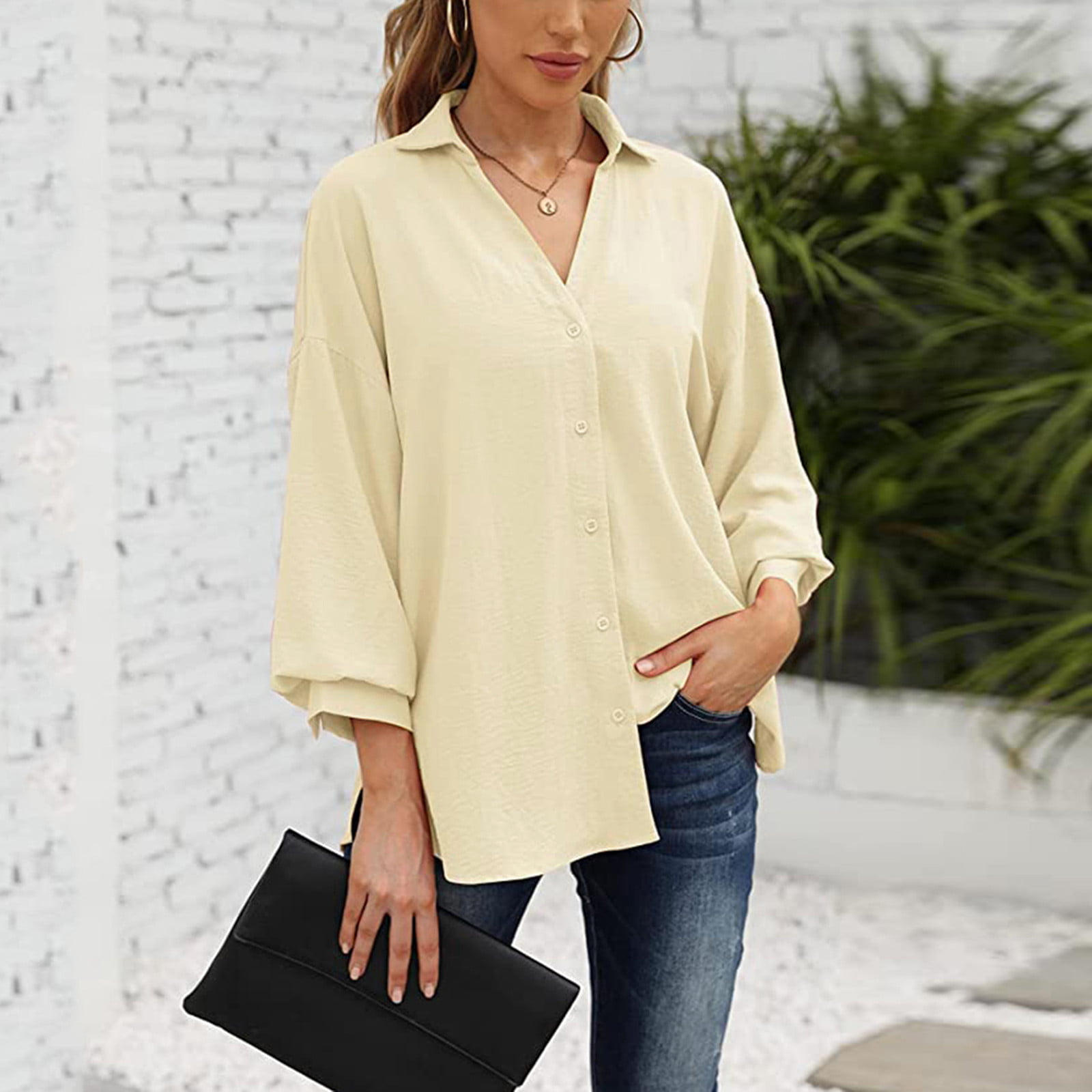 JDEFEG Womens Casual Work Tops Womens Summer Tops Bat Sleeve Lapel Tee  Shirt Solid Color Casual Blouse Loose Shirts with Button Misses Tunic Tops  95%