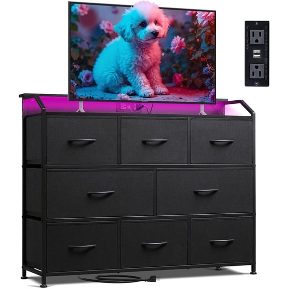 Nextay LED TV Stand 8-Drawer Dresser with Charging Station, Fabric Chest of Drawers for Bedroom, Living Room, Hallway & Entryway, Black