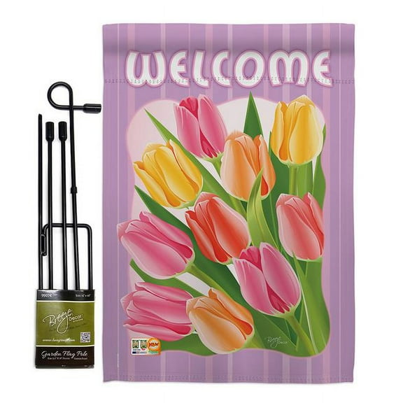 Breeze Decor BD-FL-GS-104066-IP-BO-D-IM10-BD 13 x 18.5 in. Welcome Tulips Spring Floral Impressions Decorative Vertical Double Sided Garden Flag Set with Banner Pole Included