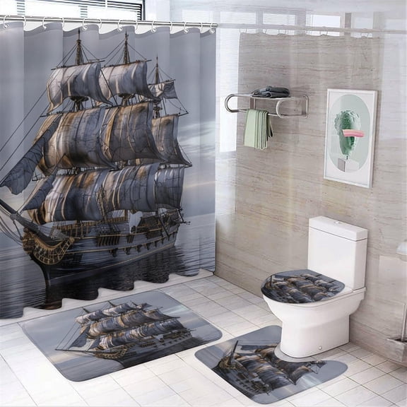 4Pcs Pirate Ship Shower Curtain Set with Toilet Lid Cover U-Shaped Mat and Non-Slip Rugs, Nautical Sailboat Ocean Black Shower Curtain Bathroom Decor Set, 72" x 72"