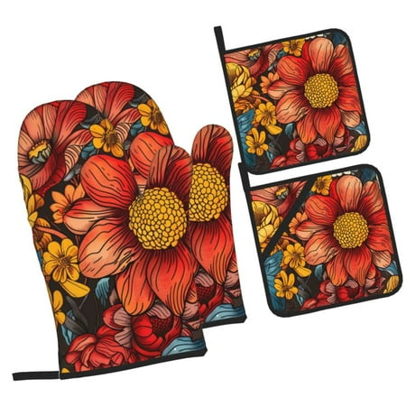 

Haiem Colorful Vintage Floral Pattern Print Extra Long Oven Mitts and Pot Holders 4pc Sets: Heat Resistant Silicone Oven Mittens with Mini Oven Gloves and Hot Pads Potholders