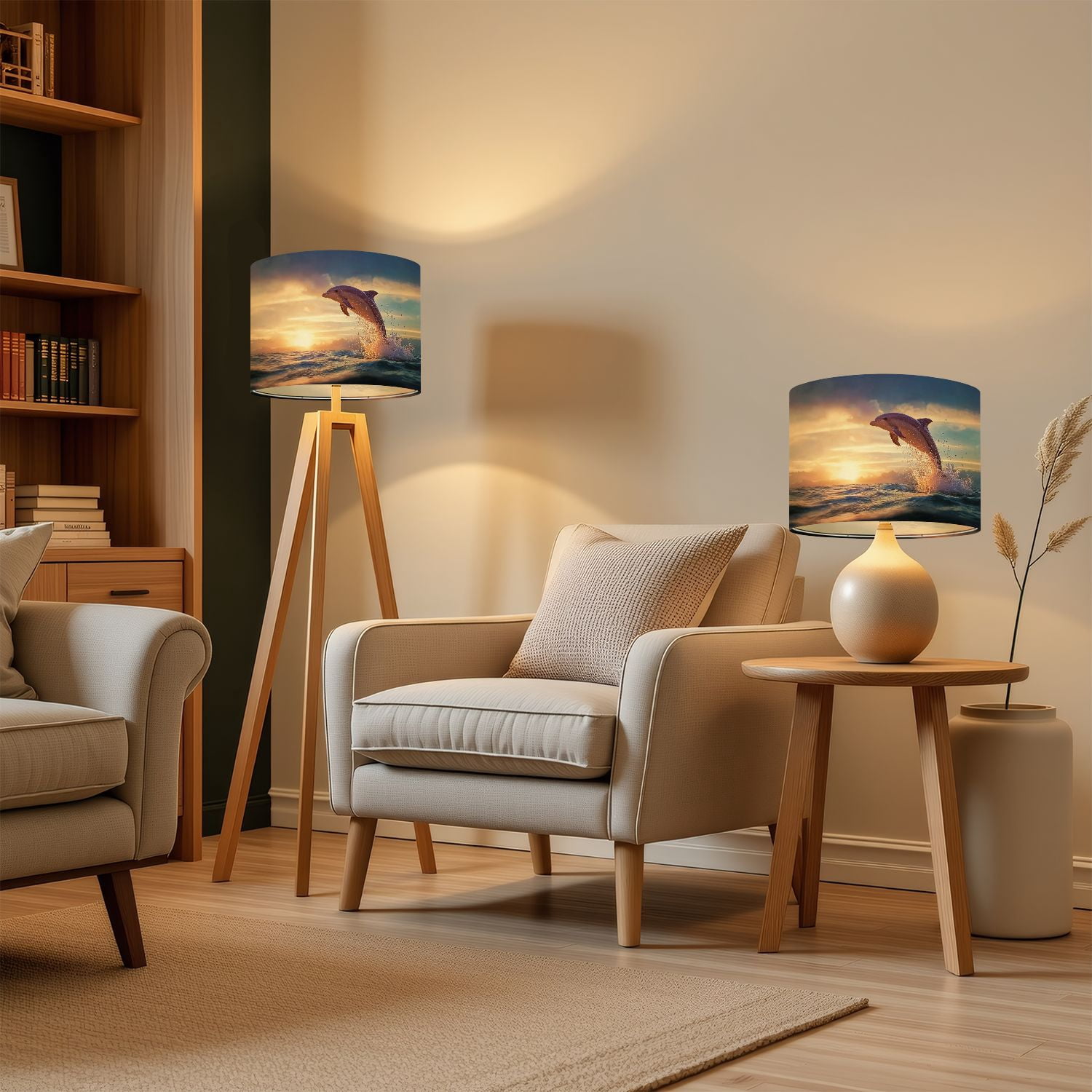 Beach Lampshades 2 Pack beautiful leaping jumping from sunset sea water surface 13"x13"x10" Light Shade for Table Lamps Floor Lamps Drum Lamp Shades Lampshade Replacement Easy Assembly