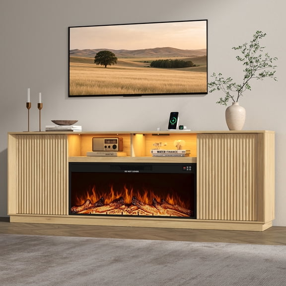 80" Fireplace TV Stand, Fluted Entertainment Center, Oak