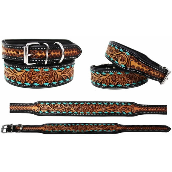 Large 21''- 25'' Hand-Painted Turquoise Lace Padded Leather Dog Collar 60FK53