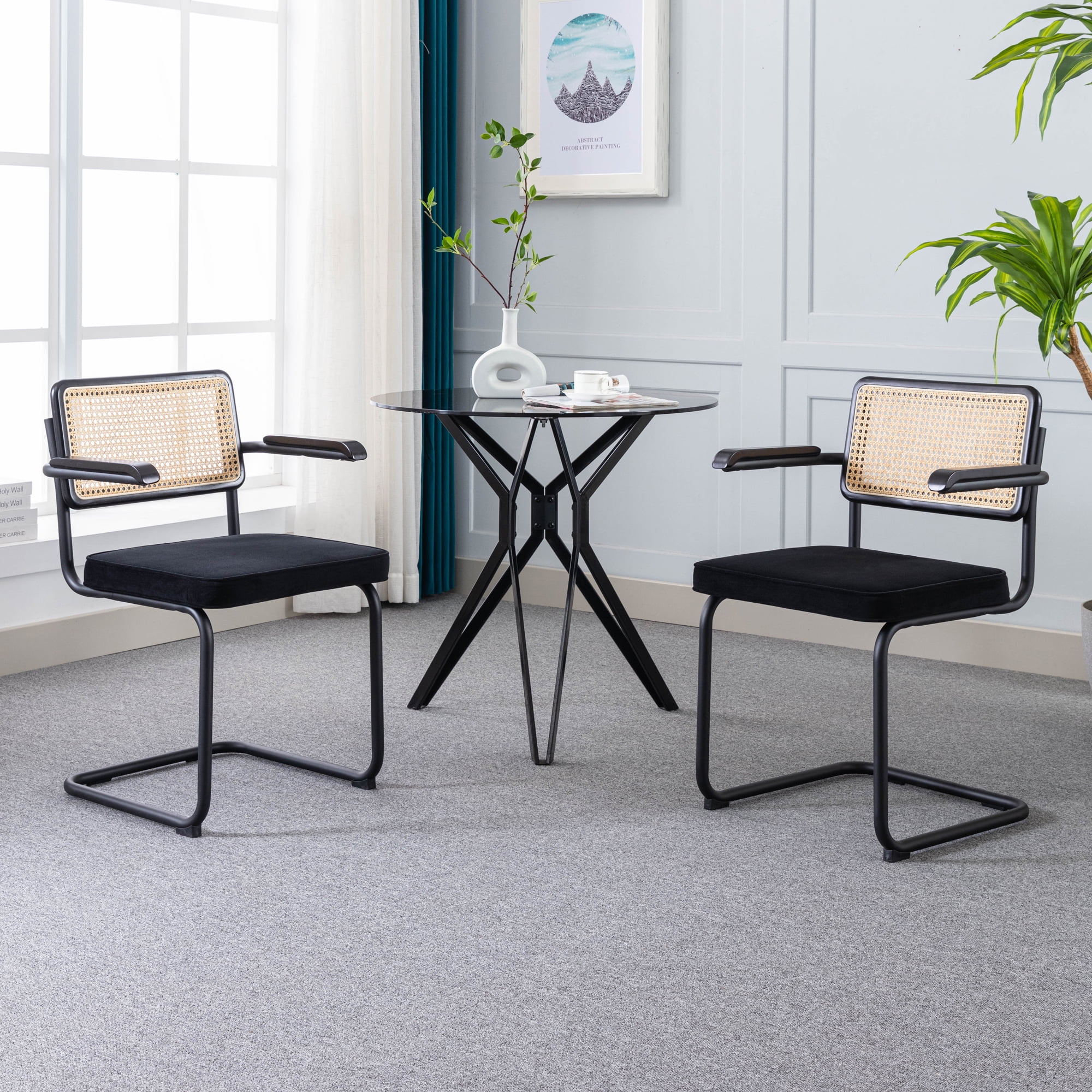 Zesthouse MidCentury Modern Rattan Dining Chairs Set of 2, Velvet