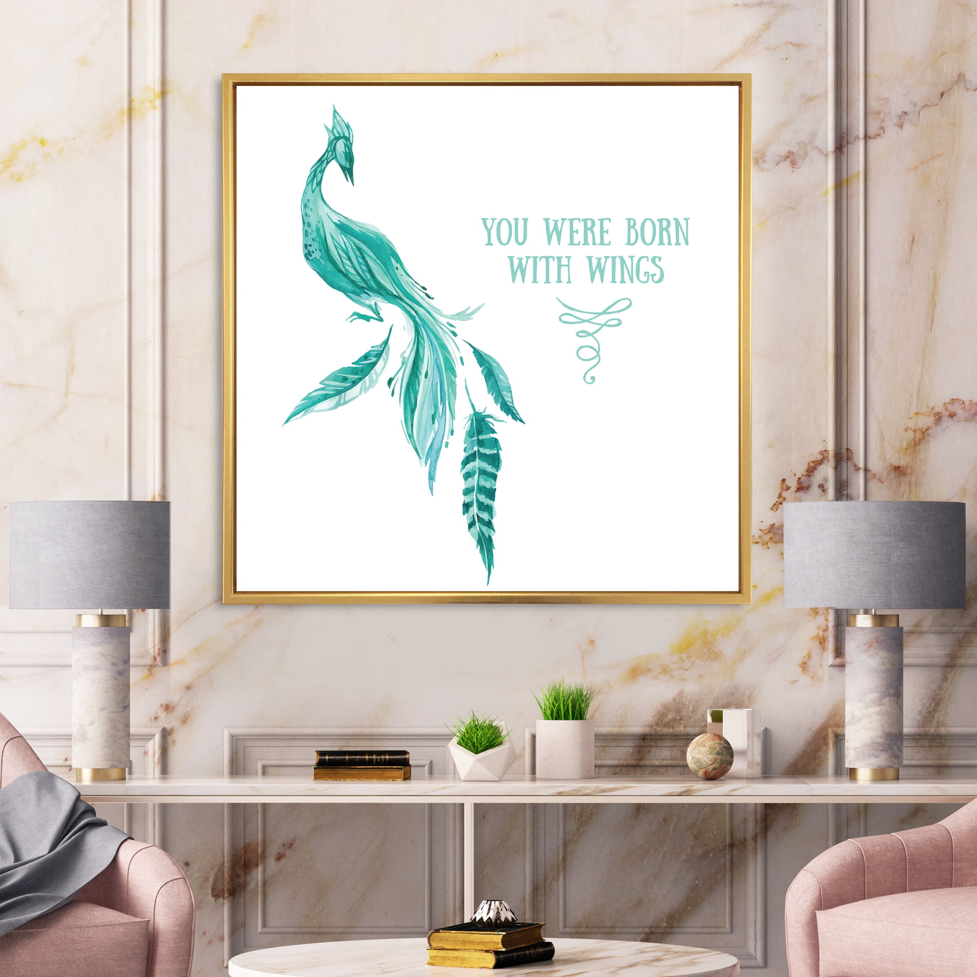Designart 'Turquoise Bird You Were Born With Wings' Traditional Framed Canvas Wall Art Print