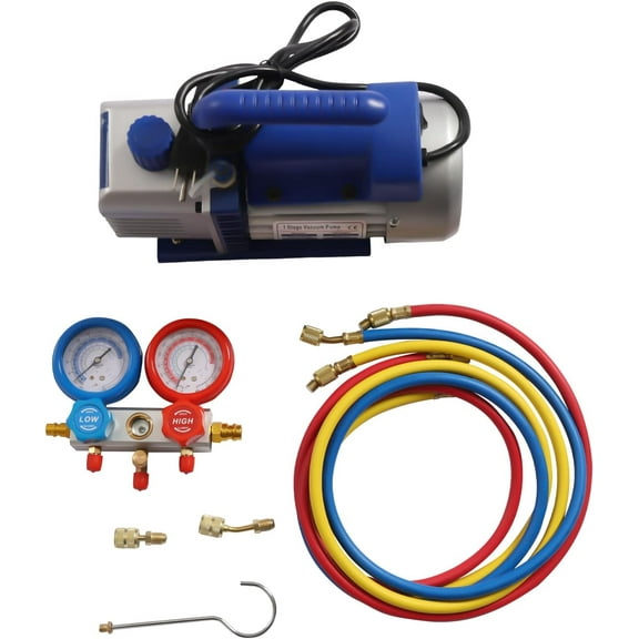 A/C Vacuum Pump & Manifold Gauge Set - Complete Auto AC Repair Kit with 1/4HP 150 Micron Pump, 3 Color Hoses for R134a/R410a - 110V Car Air Conditioning Service Tool