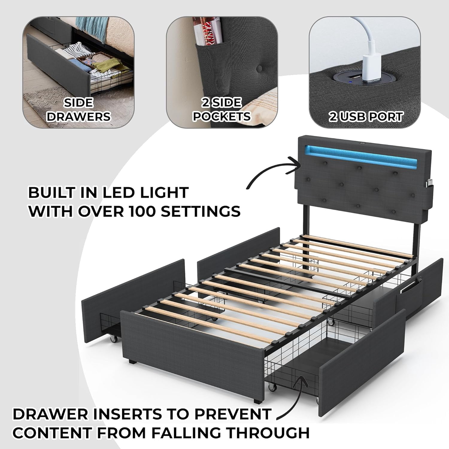 Miniyam Upholstered Twin Size Bed with USB Charging Station, LED Lights, Storage Drawers, Dark Gray
