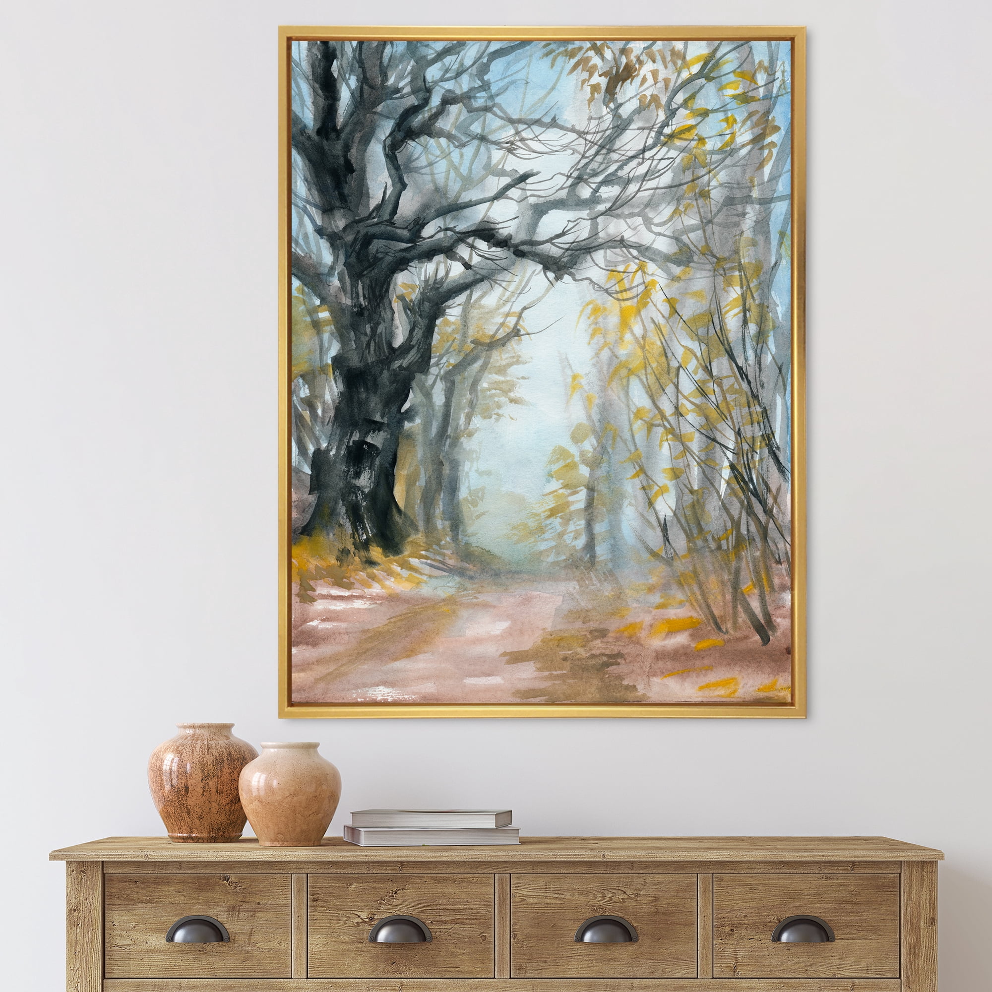 Designart 'Autumn in Misty Forest' Lake House Framed Canvas Wall Art Print