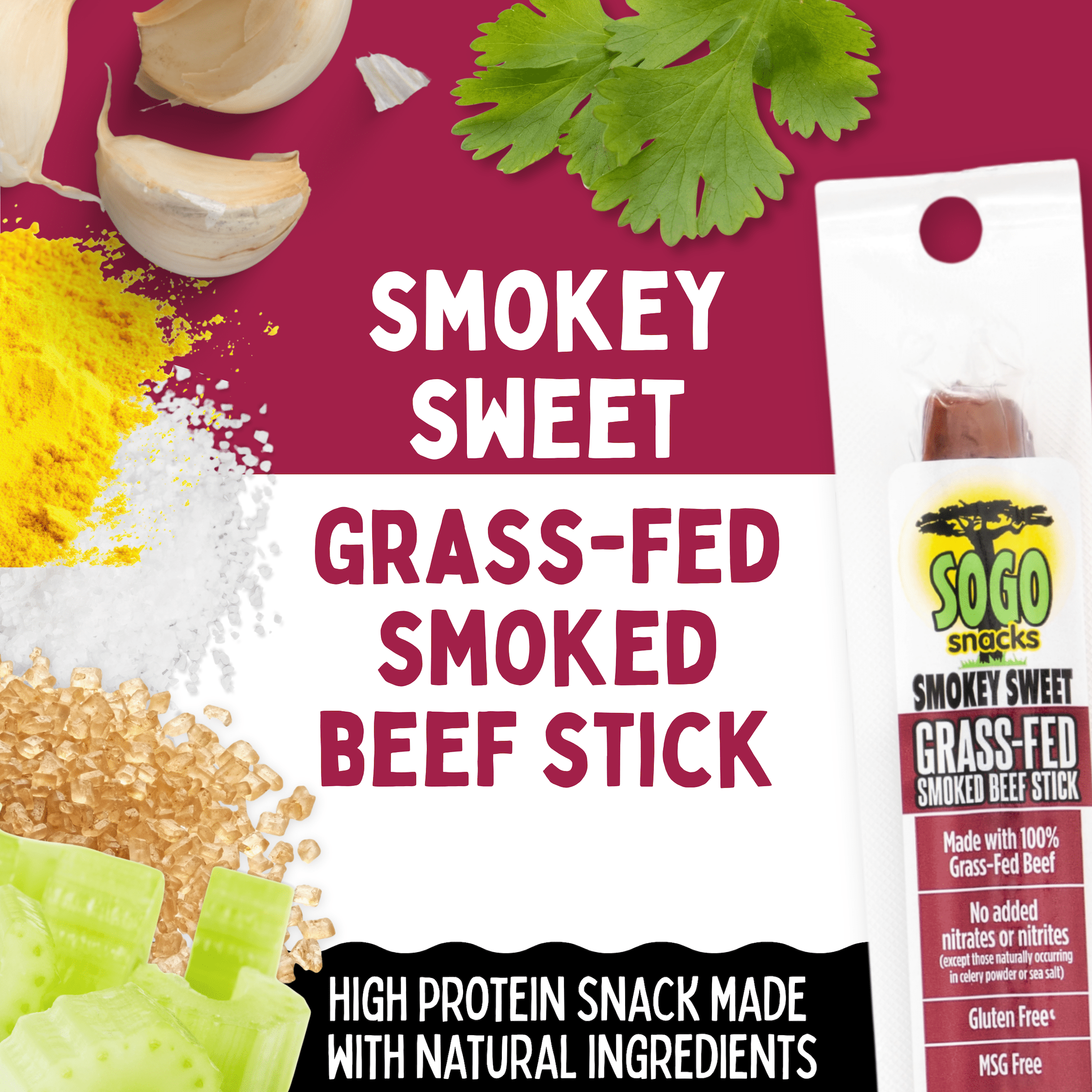 Smokey Sweet, Sogo Snacks, Grass Fed Beef Sticks. No Artificial Nitrates, Nuts or MSG. Gluten, Soy, Dairy Free Beef Jerky. Low Calorie High Protein Meat Stick. Paleo & Keto Snack (24 Cnt)