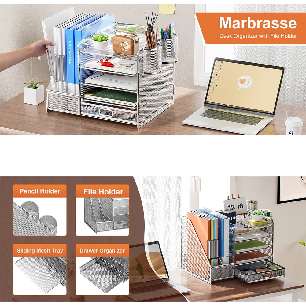 Marbrasse 5-Tier Desk Organizer with File Holder, Drawer, and Pen Holders - Mesh Desktop Storage for Office Supplies and Magazines (Silver)