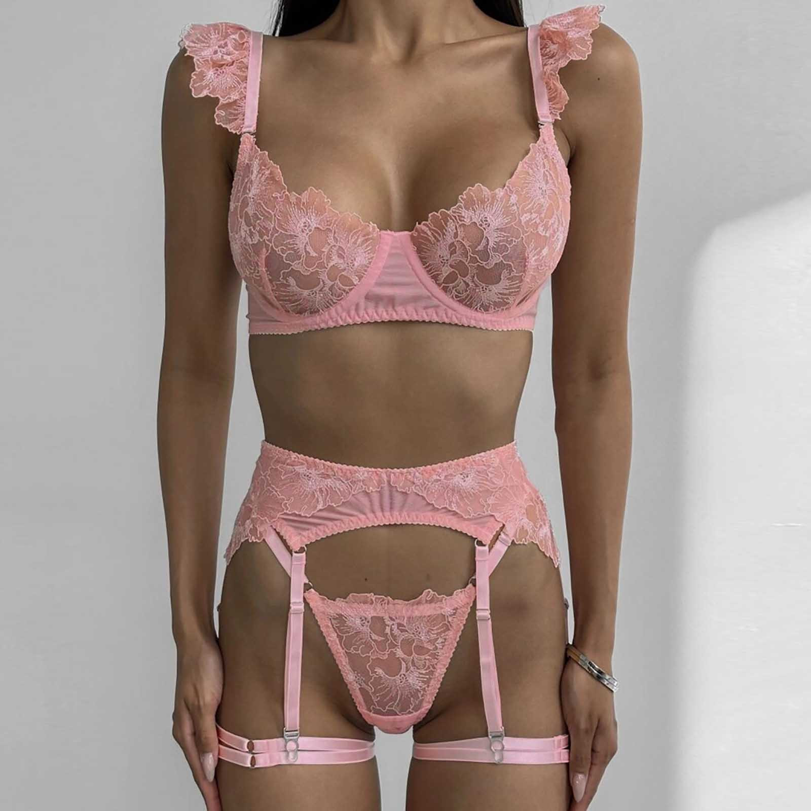 HAPIMO Women's Plus Size Lingerie Underwear Set Sale Lace Sleeveless Wireless Bra Garter Fashion Comfy Sleepwear Elegant Pajamas Summer Pink S