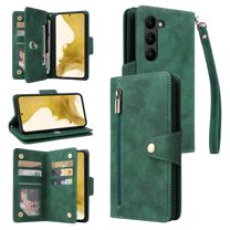 Feishell for Samsung Galaxy S23 Plus Wallet Case with Wrist Strap,Premium PU Leather Zipper Pocket Magnetic Buckle Folio Flip ID Credit Card Slots Shockproof Kickstand Phone Case for Women Men,Green