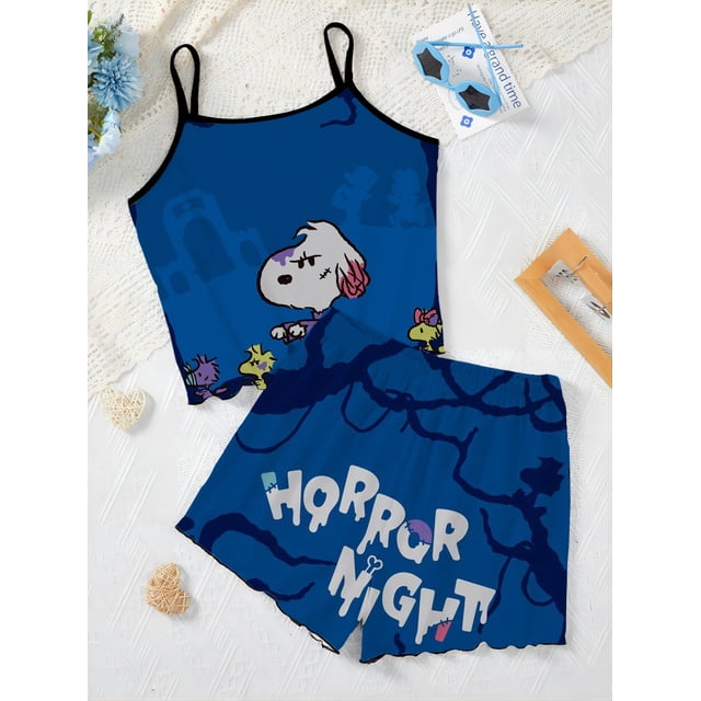 Conjuntos cortos para mujer, 2 piezas, pijama, falda, camiseta, top, vestido lencero, traje de mujer, Snoopy, ribete de lechuga, ropa elegante de verano 2024