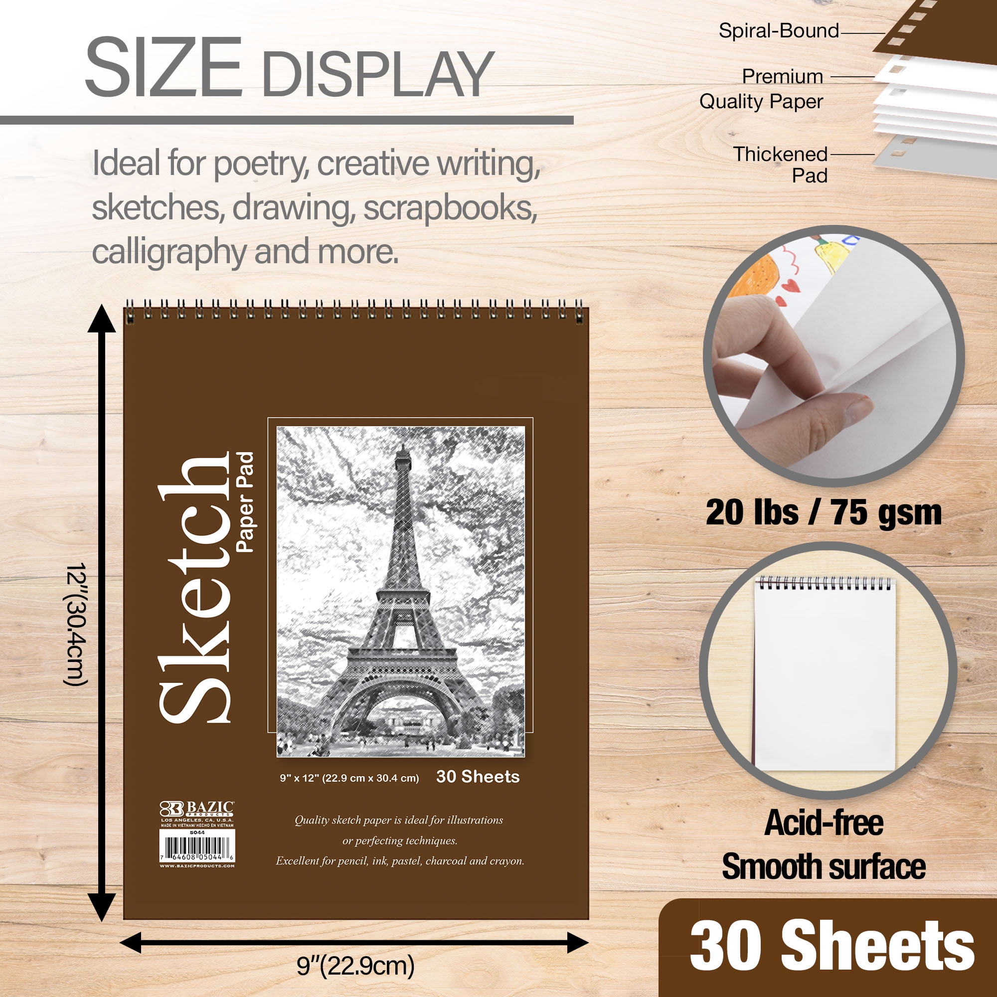 BAZIC Sketch Pad 30 Sheets 9" X 12" Top Spiral Sketchbook Drawing Pads, 2-Pack