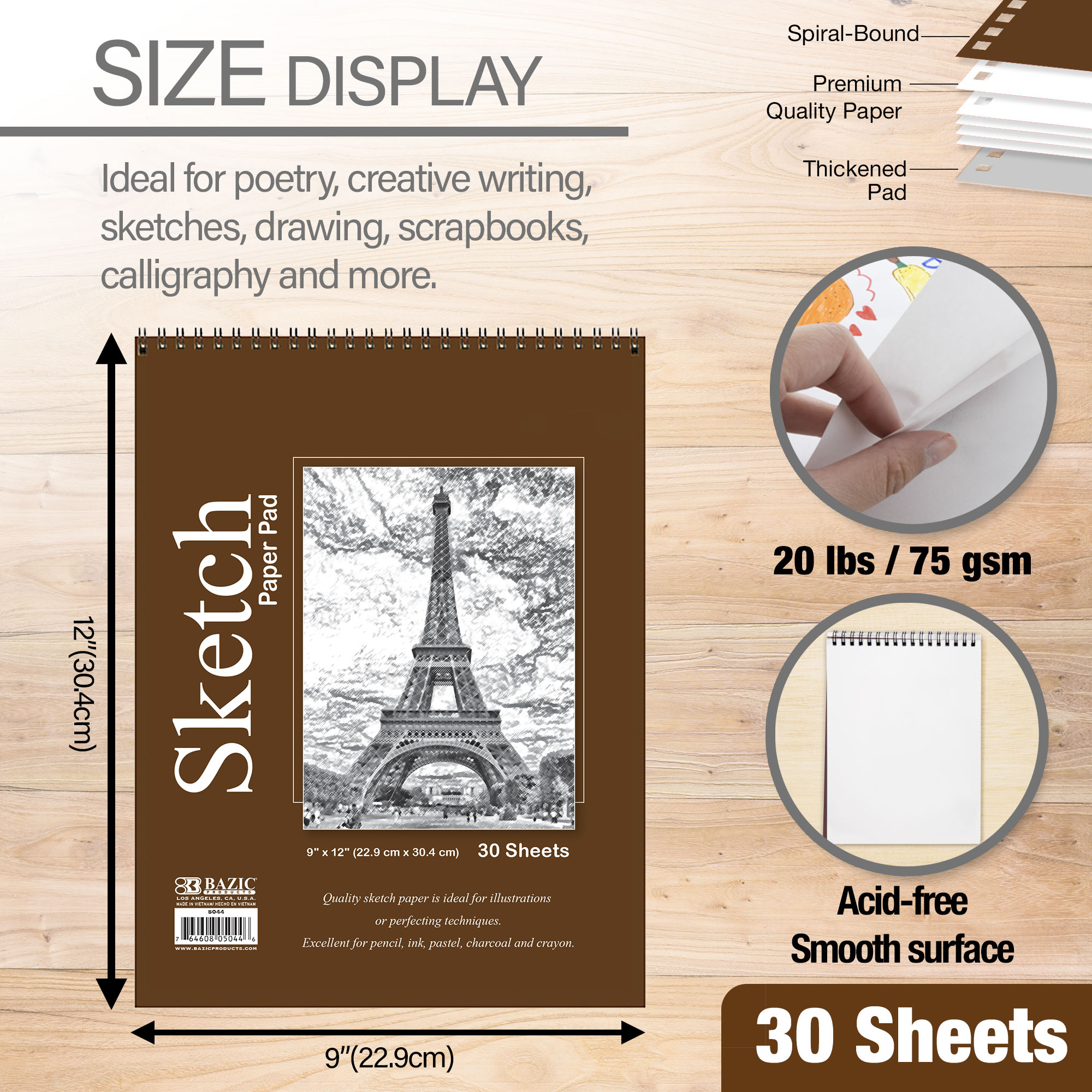 Bazic Sketch Pad 30 Sheets 9" x 12" Spiral Bound photo 2