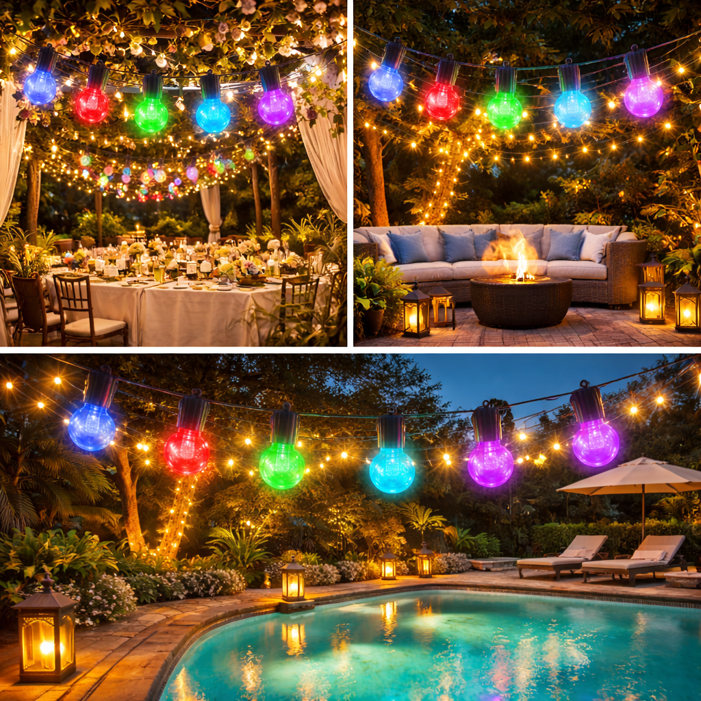 Outdoor Solar String Lights Warm and Colored 50FT 25 LED Lights Waterproof with 8 Lighting Modes USB Charging for Outside Patio Deck Backyard Decor