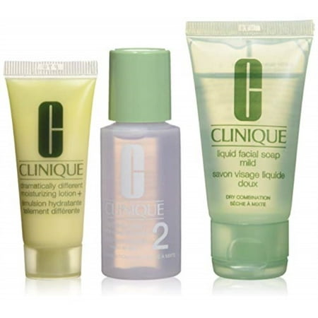 clinique 3 steps travel size set for very dry to dry combination skin, liquid facial soap mild (1 oz) + clarifying lotion 2 (1 oz) + dramatically different moisturizing lotion+ (0.5