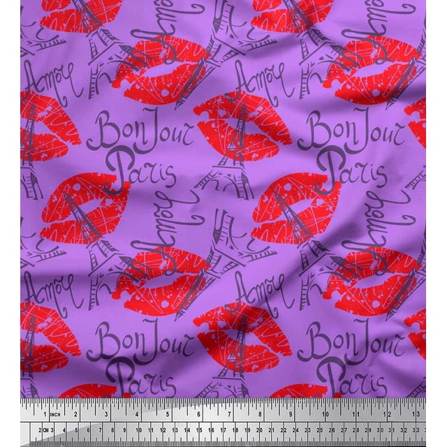 Soimoi Purple polyester Crepe Fabric Text,Eiffel Tower & Lips Women Decor Fabric Printed Yard 52 Inch Wide