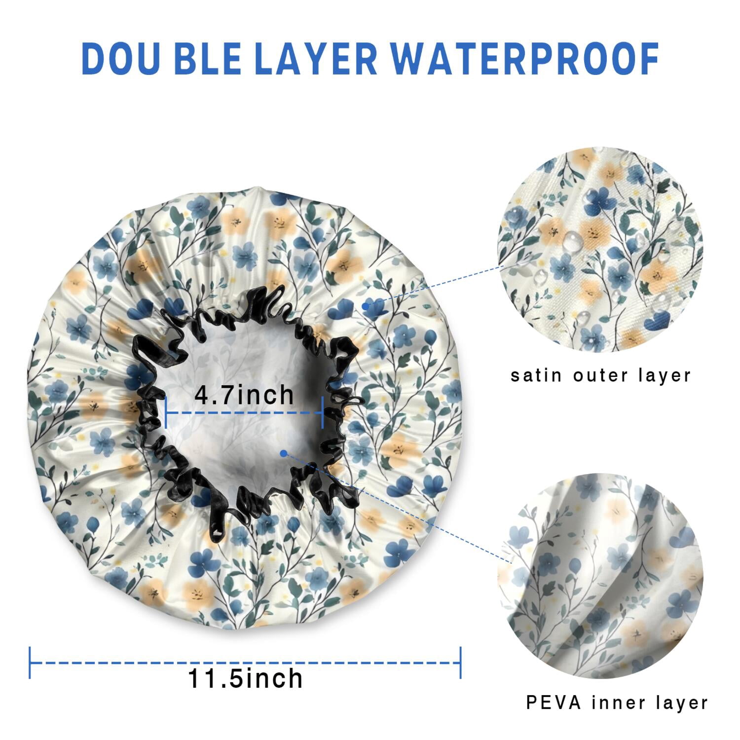 Shower Caps,Pioneer Flower Floral Print Pattern Waterproof Shower Cap for Women 4 Pieces,Double Reusable Hair Cover for Shower PEVA Elastic Stretch Hem