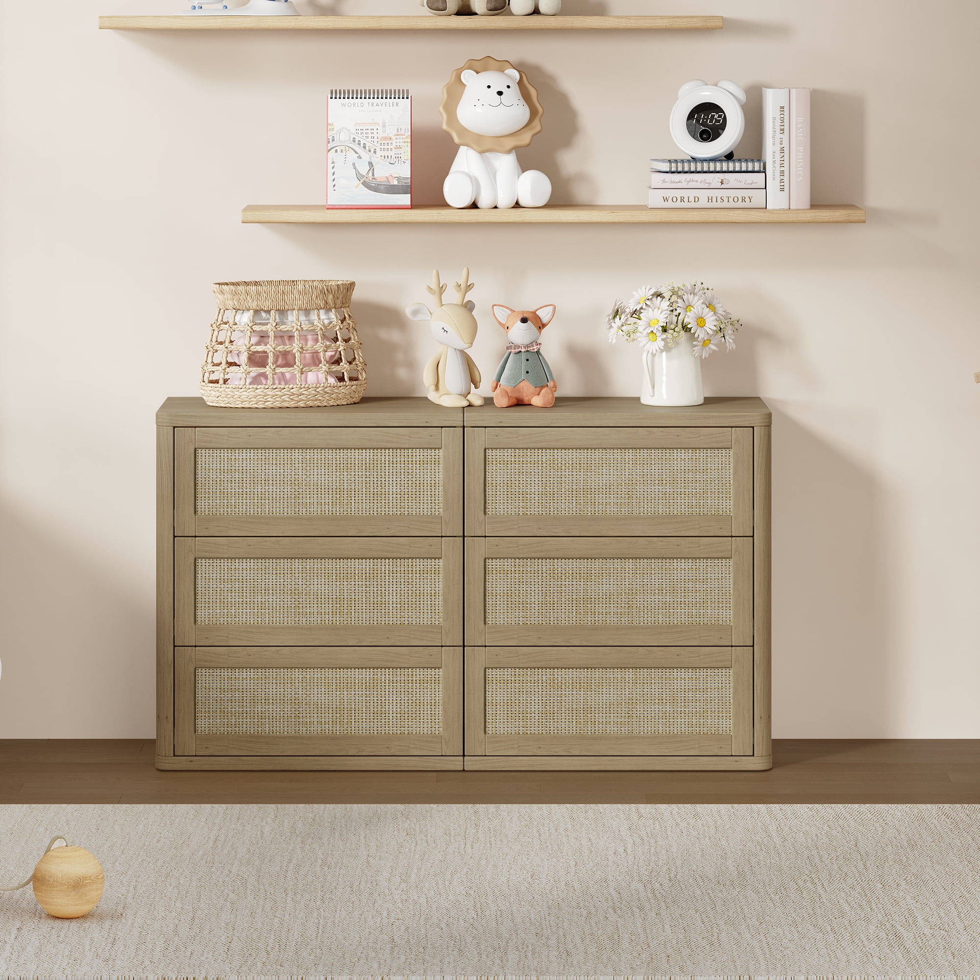 SICOTAS 53.6" Wide 6 Drawer Modular Rattan Dresser for Bedroom, Long Modern Chest of Drawers with Pop-Up Drawers%& Unique Rattan Design, Amber Oak