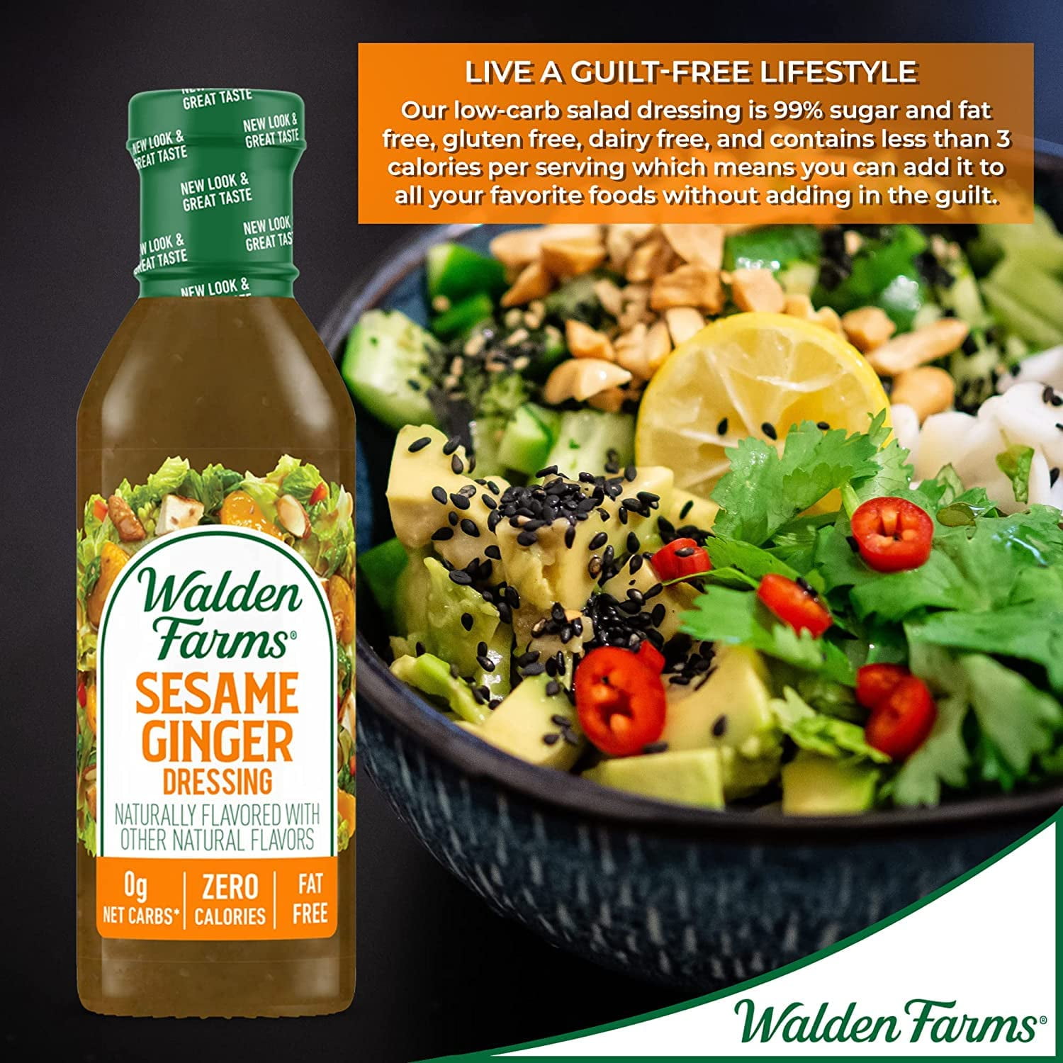 (6 pack) Walden Farms Sesame Ginger Dressing, 12 oz. Bottle, Fresh and Delicious Salad Topping, Sugar Free 0g Net Carbs Condiment, Sweet and Tangy