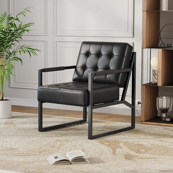 Kojooin PU Leather Armchair Set of 2, Mid-Century Modern Accent Chairs with Thick Cushion and Metal Legs for Living Room