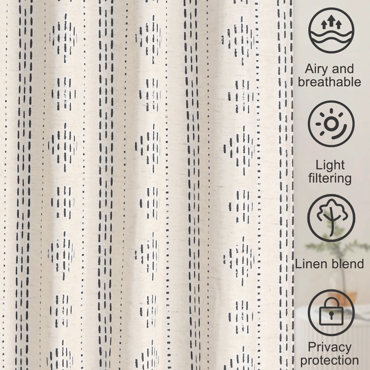 Alishomtll Boho Farmhouse Curtains Linen Light Filtering Grey Geometric Striped Window Drapes ,52"x63", 2 Panels