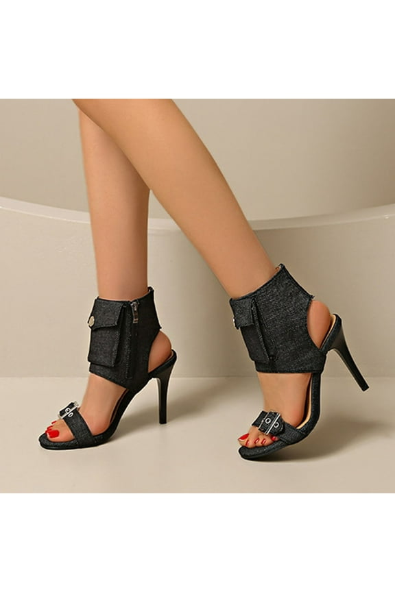 Women's Denim Hollow Out Open Peep Toe Stiletto High Heels Sandals Shoes Gladiator Roman Summer Sandal Ankle Boots Black 8.5(41)