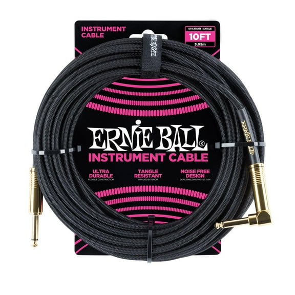 Ernie Ball Braided Instrument Cable, Straight/Angle, 10ft, Black P06081