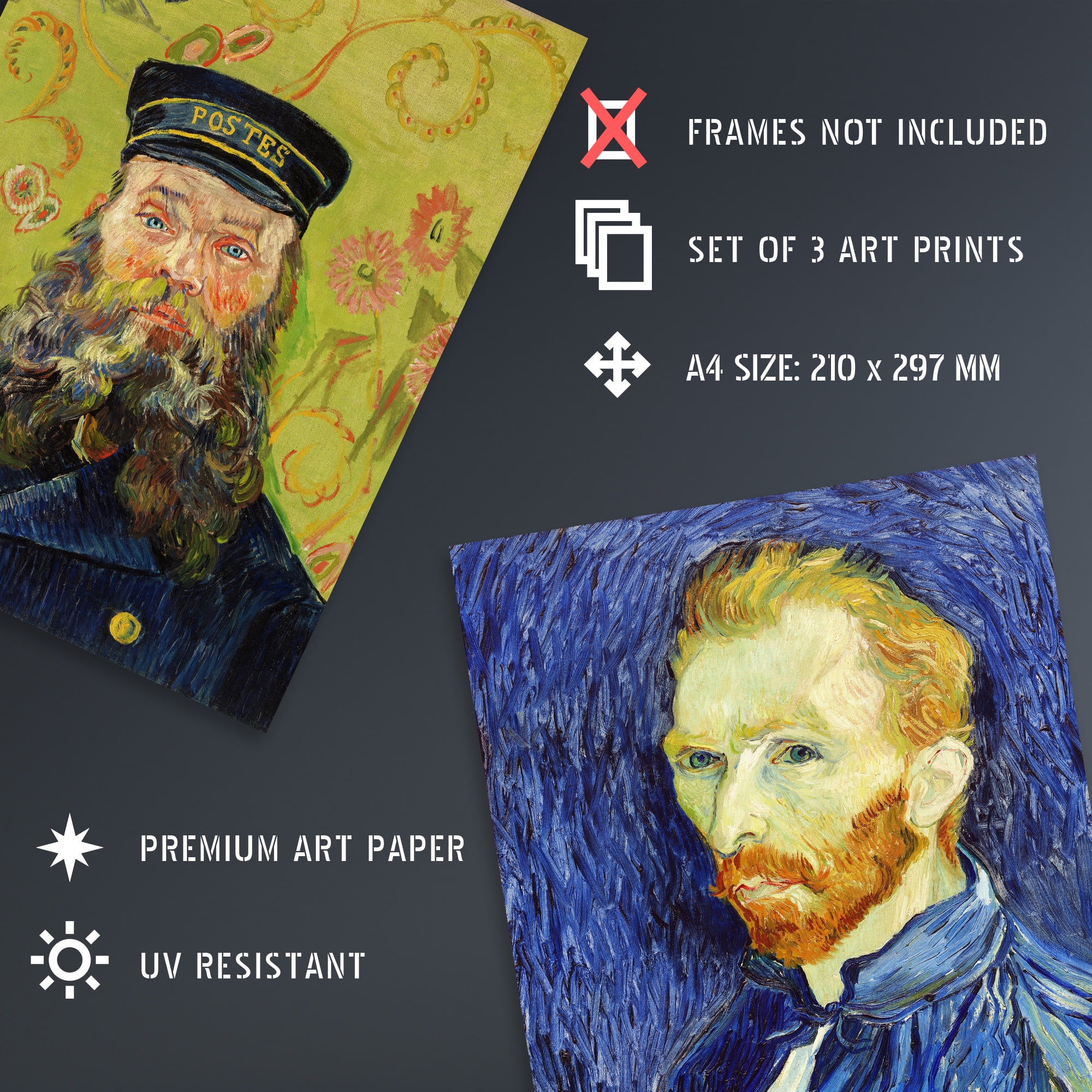 Set of 3 Vincent Van Gogh Classic Paintings Blue Gold Wall Art