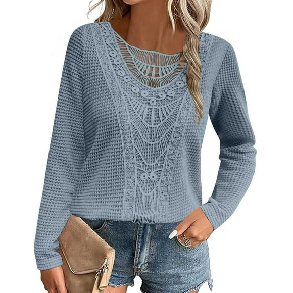 CFLVAEK Waffle Knit Tops for Women Casual Hollow Out Lace Crewneck Blouses Loose Fit Long Sleeve Fall Shirts Solid Color Going Out Tops Blue XL