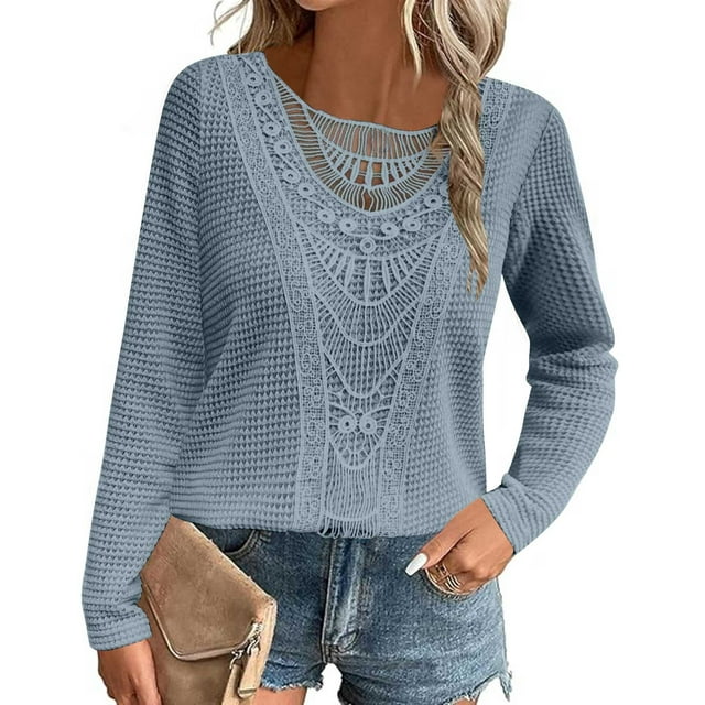 RXIRUCGD T-shirt à Manches Longues Col Rond en Dentelle Patchwork Ananas pour Femmes, Bleu, Taille: S