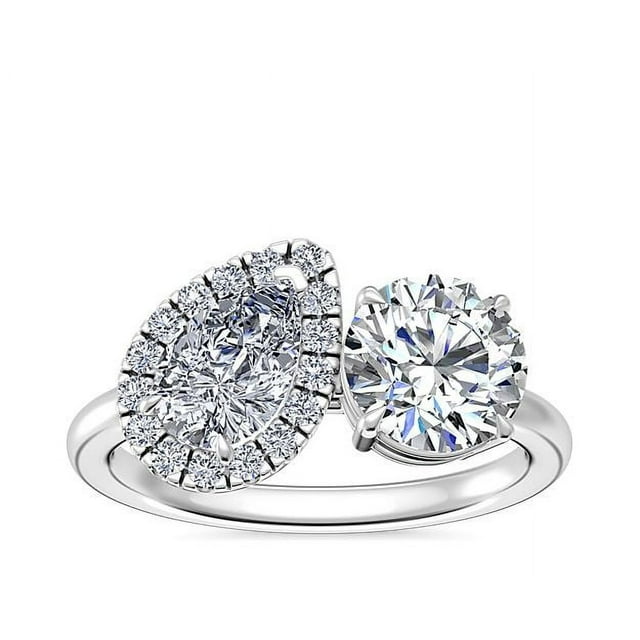 1.10 Ct Brilliant Round & Pear Shape Genuine Diamond Beautiful Wedding Two Stone Ring for her Solid 18K White Gold Size 7