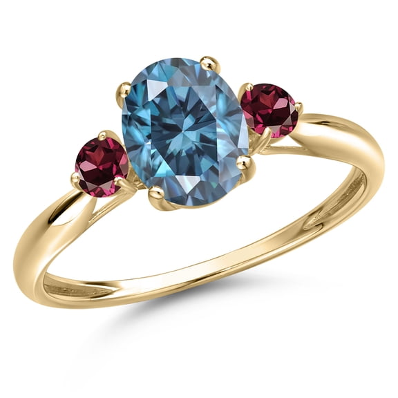 Gem Stone King 10K Yellow Gold Persian Blue Moissanite and Red Rhodolite Garnet 3-Stone Ring for Women | 1.62 Cttw | Oval 8X6MM | Gemstone Birthstone | Size 7