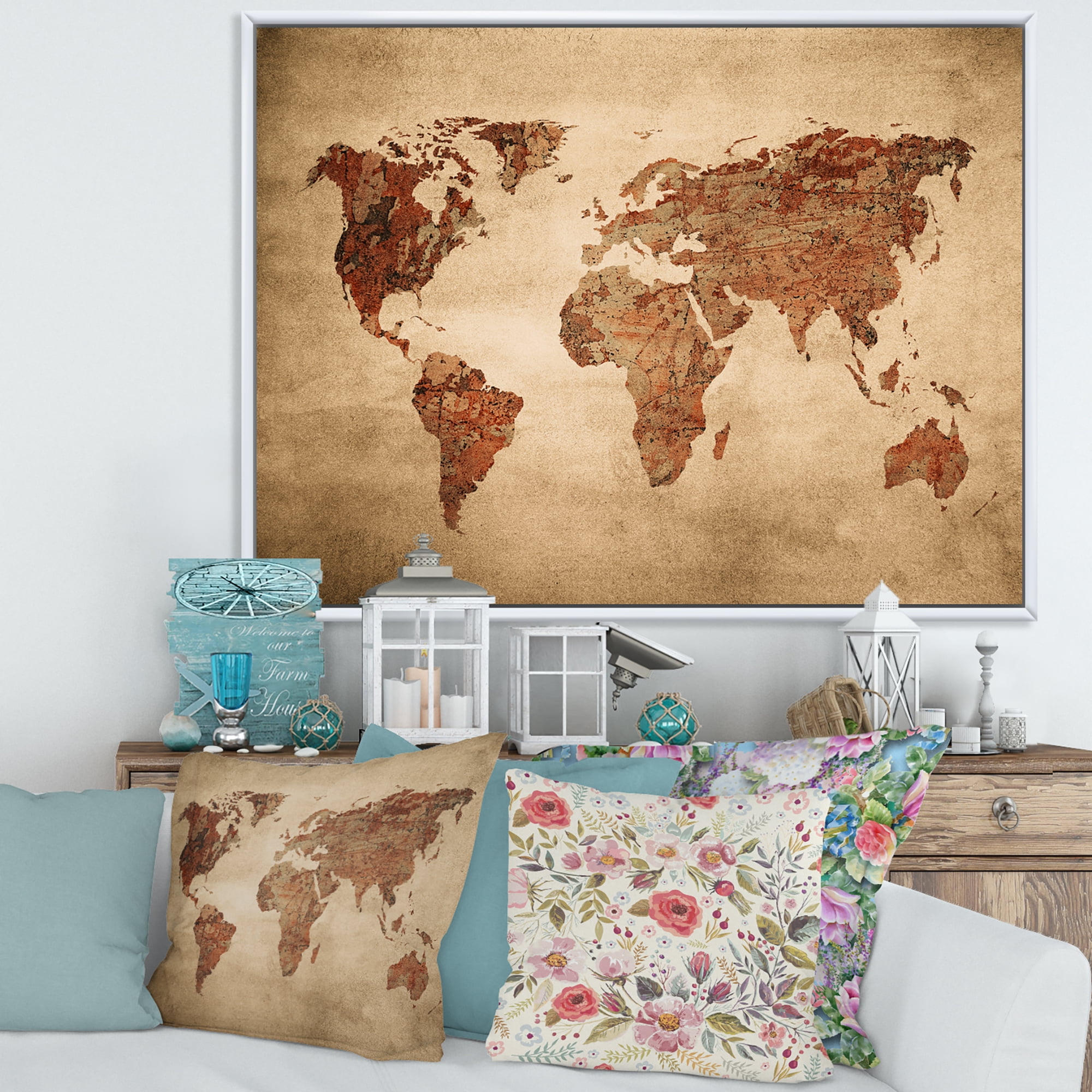 Designart 'Ancient World Map VII' Vintage Framed Canvas Wall Art Print
