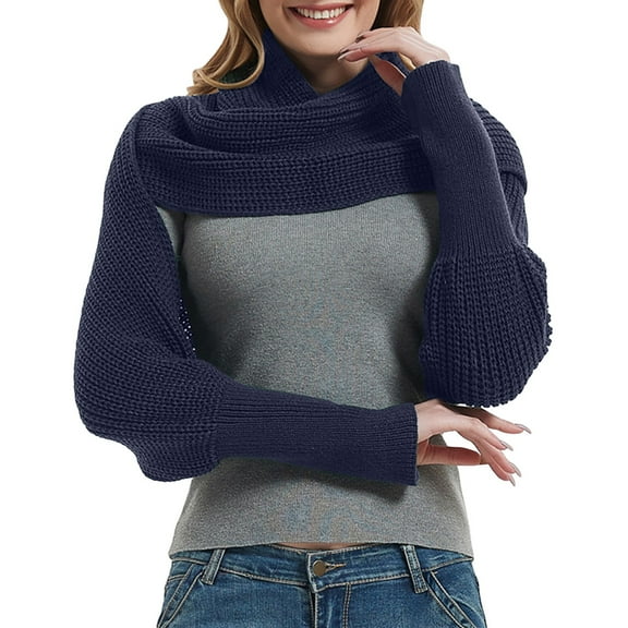 Ediodpoh Fashion Winter Warm Solid Color Knitted Wrap Scarf Crochet Thick Shawl Cape with Sleeves for Women Navy