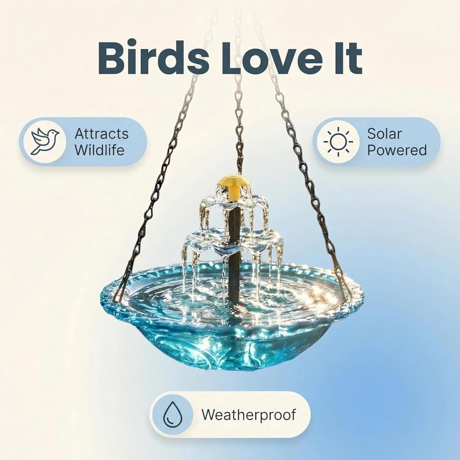 Esterze Solar Cascade Hanging Bird Bath Fountain, with Solar Powered Pump and Glass Bowl, for Garden, Patio, Lawn, Attracting Wild Birds & Hummingbirds