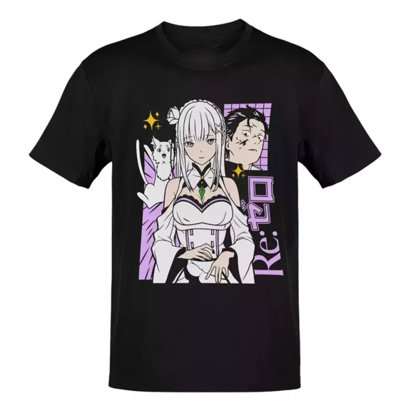 Reprint Rare Anime Re Zero Emilia Puck Subaru Lilac T-Shirt Size S-5XL, Gift For Friends