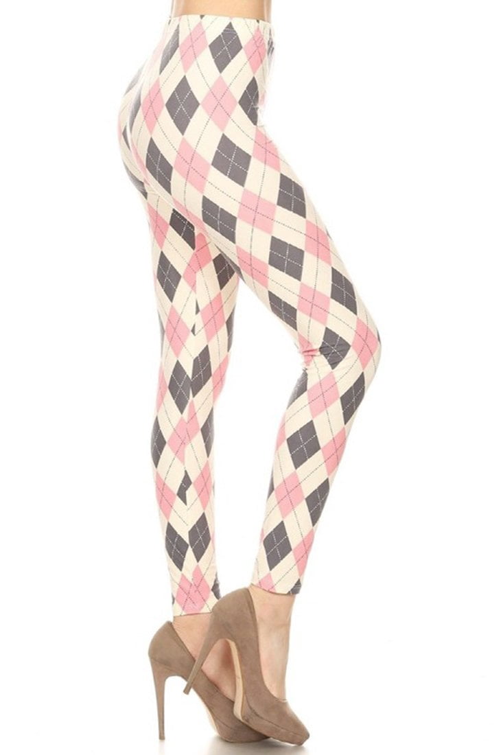 Niobe Clothing - Womens Regular Size Cream Pink Argyle Design Leggings