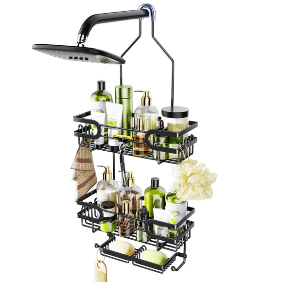 HapiRm Shower Caddy Hanging No Drilling, 3 Tier Over Head Shower Shelves, Shower Organizer Hanging with 2 Soap Holder & 12 Hooks, Bathroom Shelf for