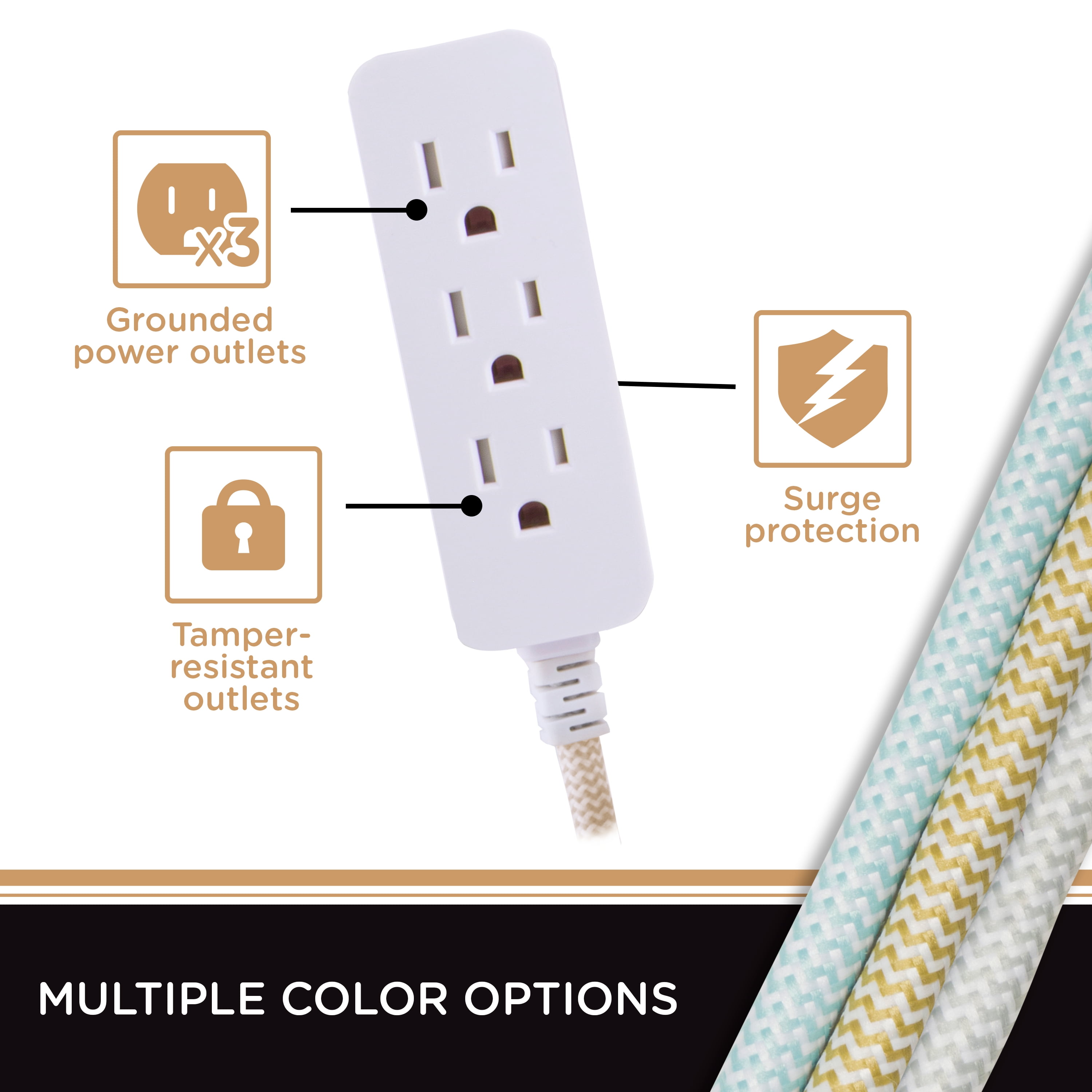 Cordinate 10ft. 3-Outlet Surge Protector, Tan/White, 10ft. Braided – 37916