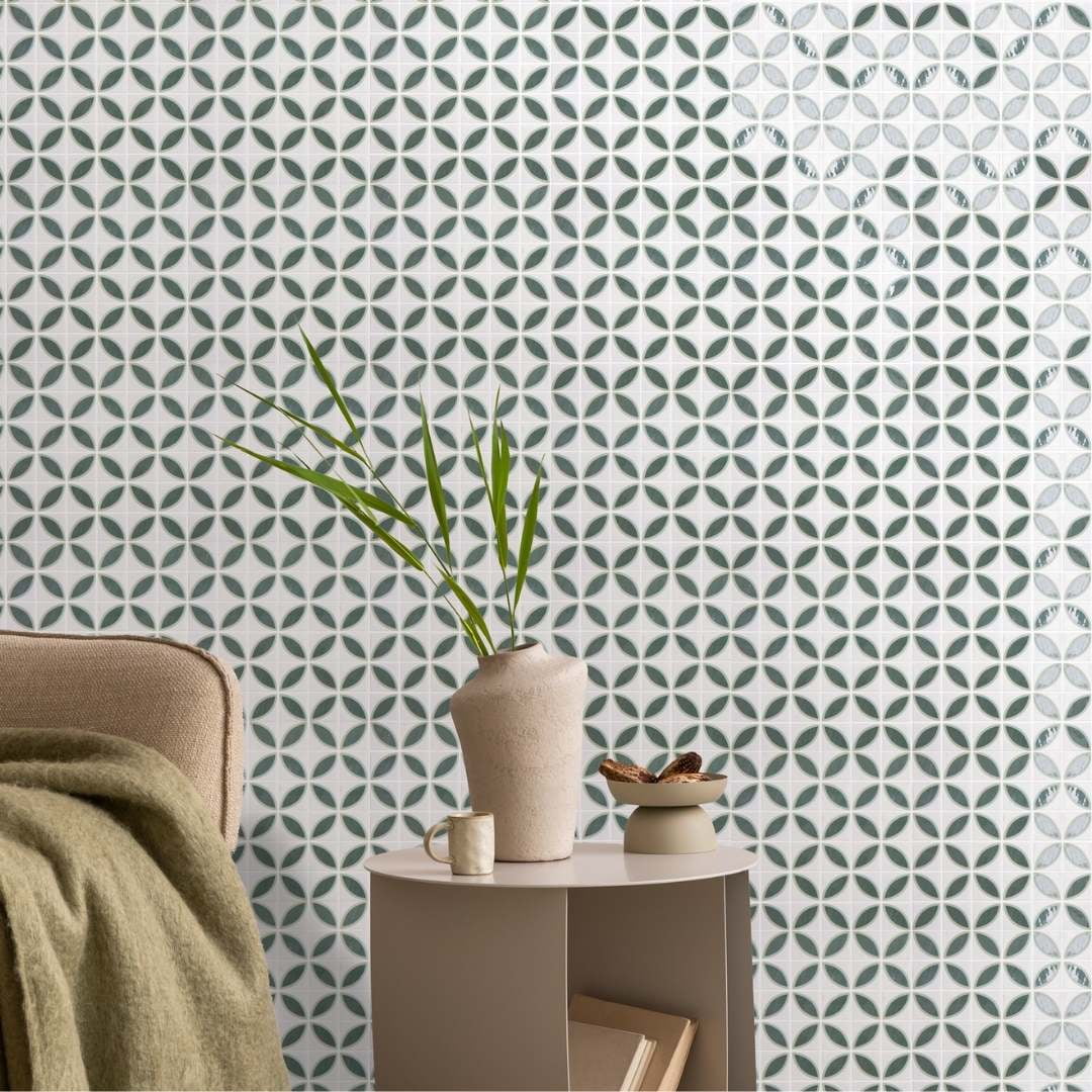 The Tile Life Eterna Lily 2" x 2" Basil Matte & Shiny Glass Mosaic Wall Tile, 1 Sheet