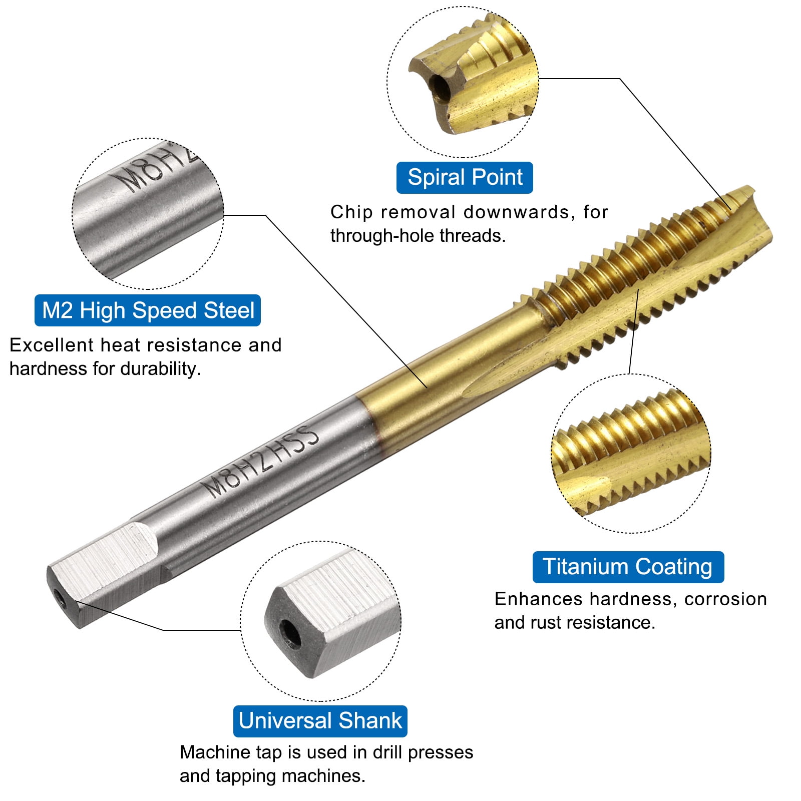 Uxcell Tap and Drill Bit Set, 2pcs M8 x 1.25 Spiral Point Tap Ti-Coated & 2pcs 6.8mm Drill Bit Roasted Yellow