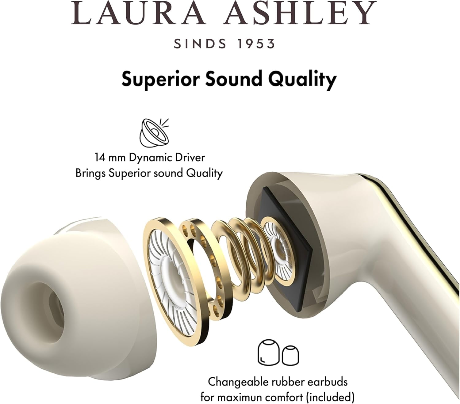 VQ Laura Ashley Skylark TWS Wireless Earbuds – Bluetooth 5.3 Earphones with Enhanced Noise Cancelling (ENC), 10-Hour Playtime & 45-Hour Charging Case – Rosalind